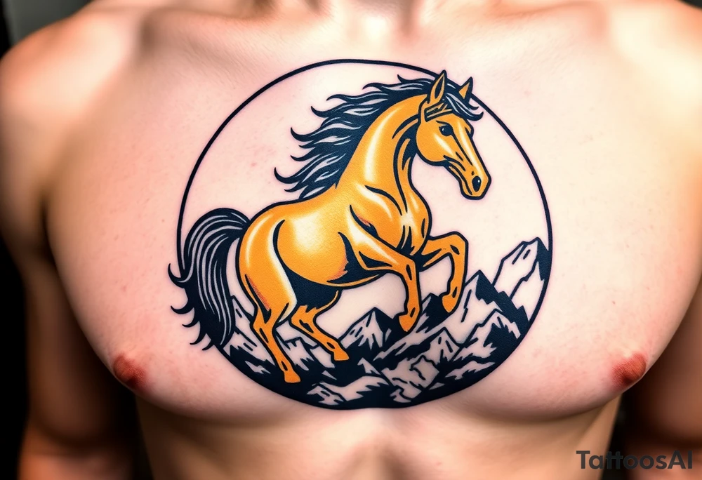 A golden mustang horse with black mane and legs, captured in motion inside a circle. The mountains and nature should frame the design, blending with the horse's black fur as a base to represent the landscape. Experiment with using the black fur to shape the mountains, playing with edges or interior details. tattoo idea