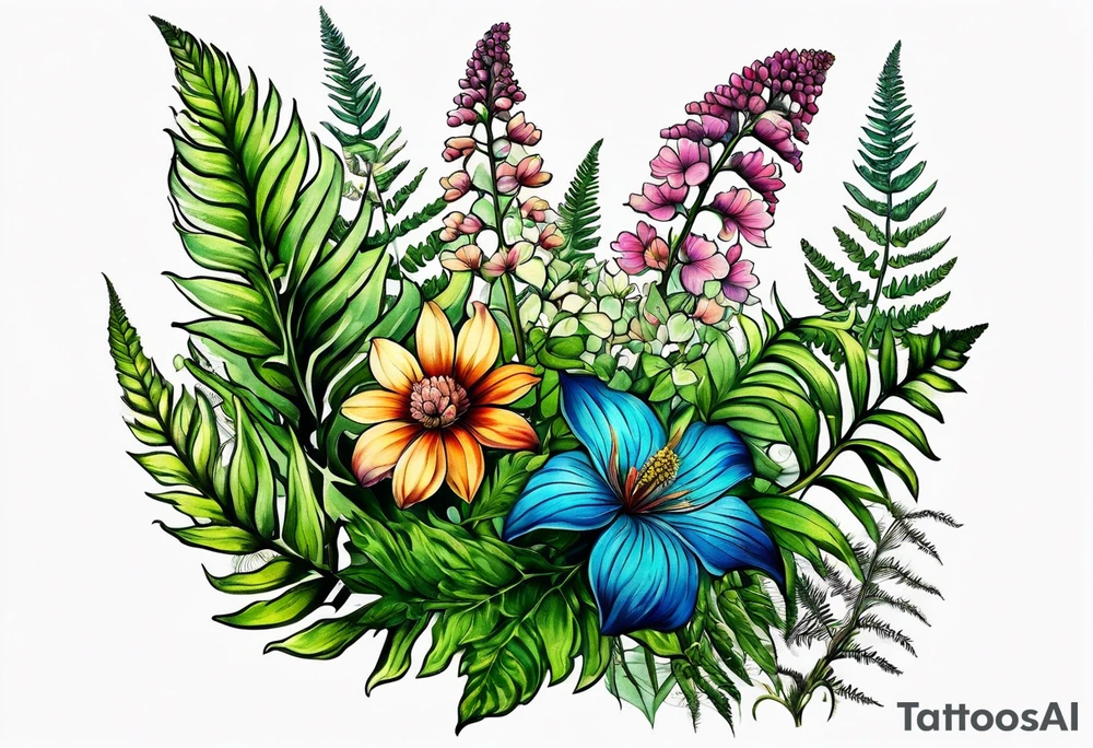vertical mixed wildflower with ferns and with color tattoo idea