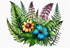 vertical mixed wildflower with ferns and with color tattoo idea