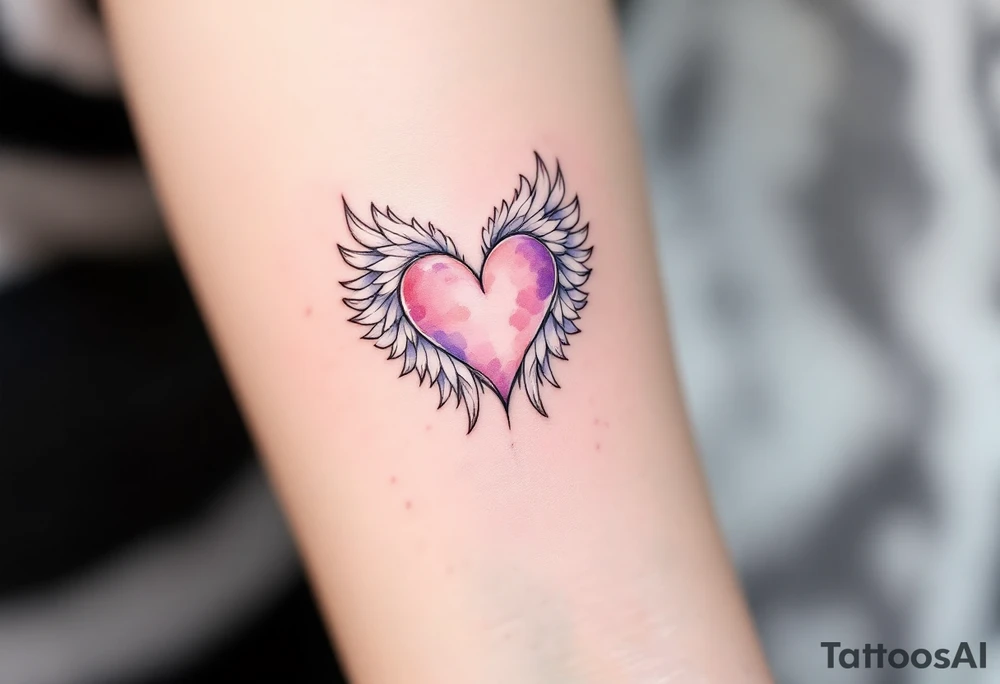 Watercolor Heart with Feathered Wings – A soft watercolor-painted heart in shades of pink and purple with delicate white feathered wings. The wings are light and airy, representing freedom and love. tattoo idea