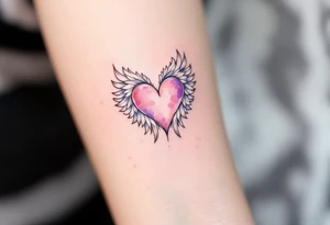Watercolor Heart with Feathered Wings – A soft watercolor-painted heart in shades of pink and purple with delicate white feathered wings. The wings are light and airy, representing freedom and love. tattoo idea