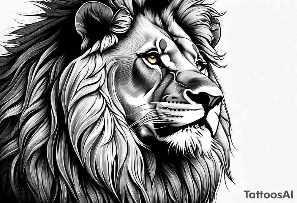 A realistic and detailed depiction of a lion’s face, focusing on its intense eyes and flowing mane. This can be designed as a symbol of power and pride. tattoo idea