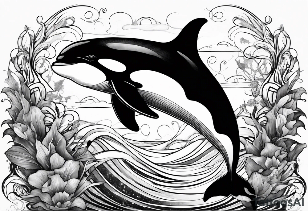 transient orca, flowing body, wrapped in kelp, smooth tattoo idea