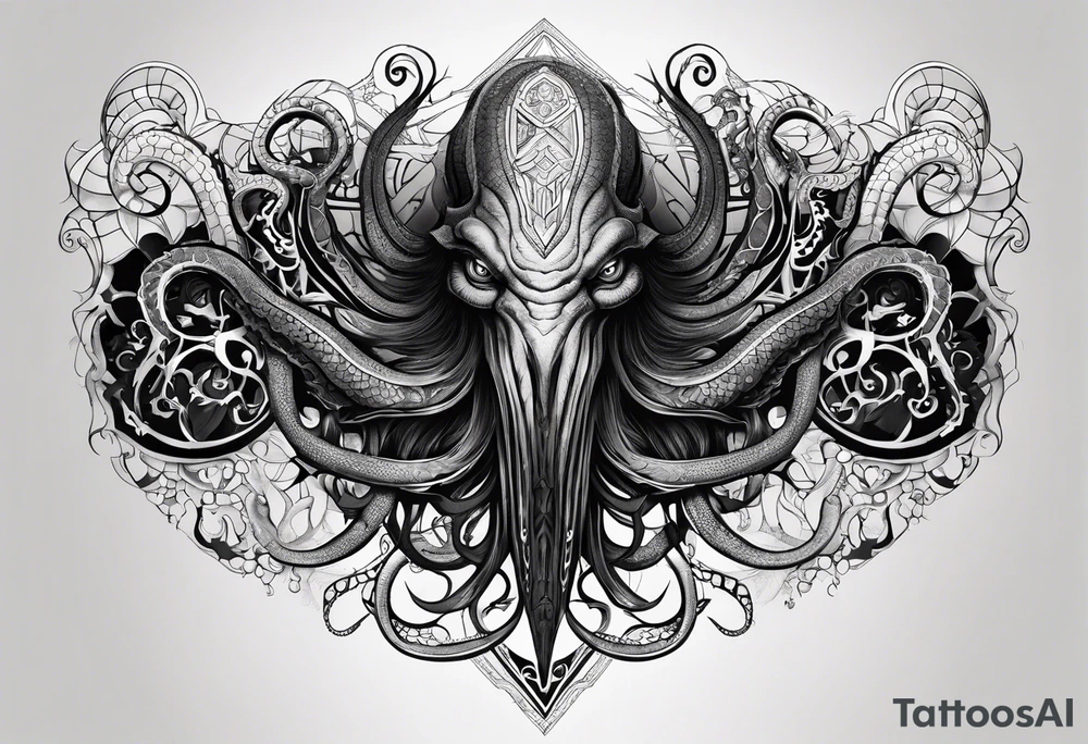 Long tattoo for forearm. Lovecraftian creature, with technological elements. Tentacles protect a heart. tattoo idea