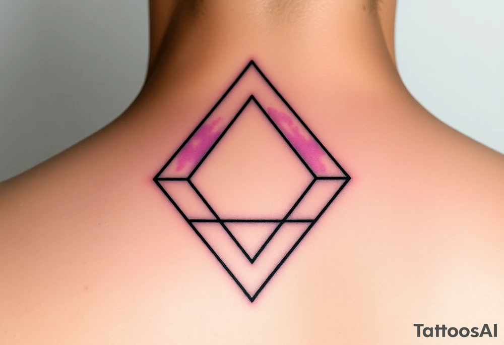 A fine line tattoo design on skin. An impossible Penrose triangle constructed from a faceted diamond cut structure. The facets of the diamond structure contain holographic, iridescent psychedelic gradients of purple, turquoise, and neon pink colors. Minimalist style, precise geometric lines, sacred geometry vibes, micro realism tattoo. tattoo idea