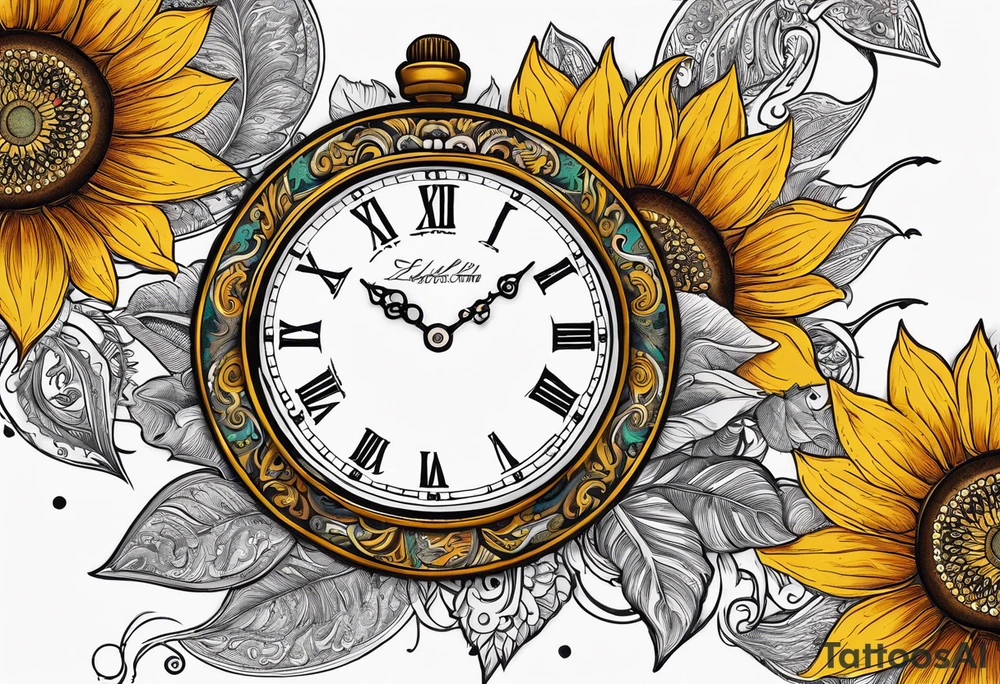 Sunflower, paisley, moon, 3 old fashioned pocket watches, witch tattoo idea