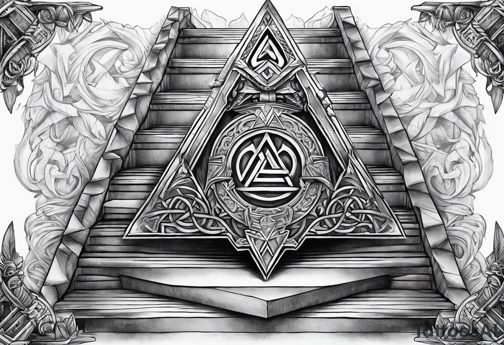 Valhalla sword shield  axe Valknut stairs tattoo idea