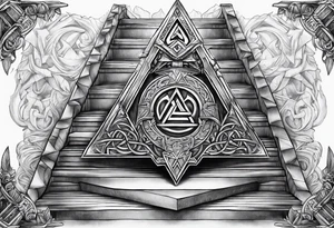 Valhalla sword shield  axe Valknut stairs tattoo idea