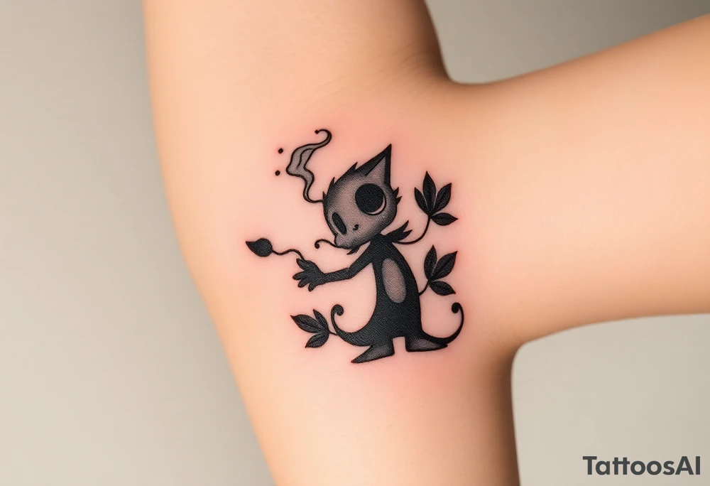 An animated character with smoke passing through and leaves in a negative effect around it. In black and white, dot shading with soft shading. tattoo idea