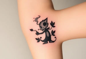 An animated character with smoke passing through and leaves in a negative effect around it. In black and white, dot shading with soft shading. tattoo idea