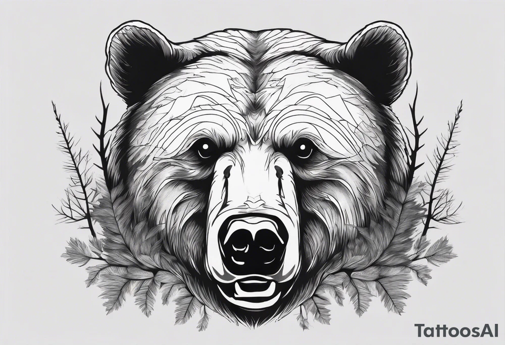 bear head right above the forest line with a lake below, full arm sleeve tattoo tattoo idea