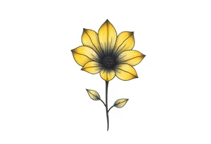 A minimalist flower tattoo that represents a shattered and betrayed gemini woman who fought hard throughout this year. With colors yellow and black. Make it unique and rare. Without leaves and stem. tattoo idea