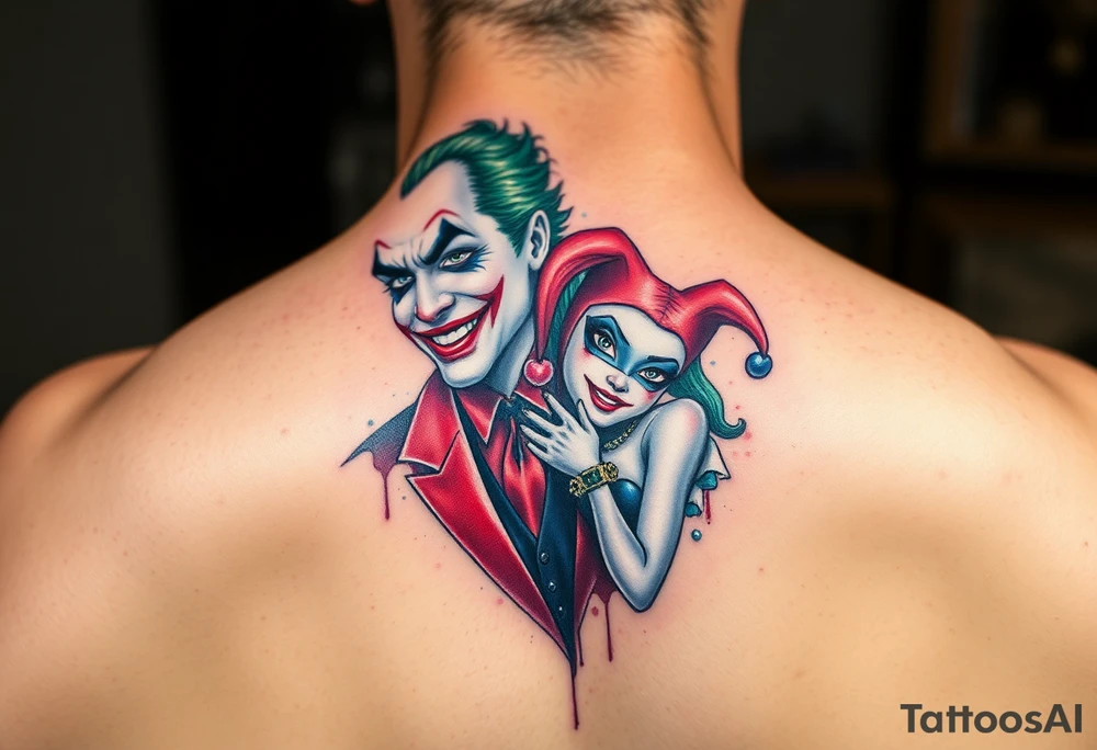 graphic 3d joker and Harley quin together design tattoo idea