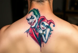 graphic 3d joker and Harley quin together design tattoo idea