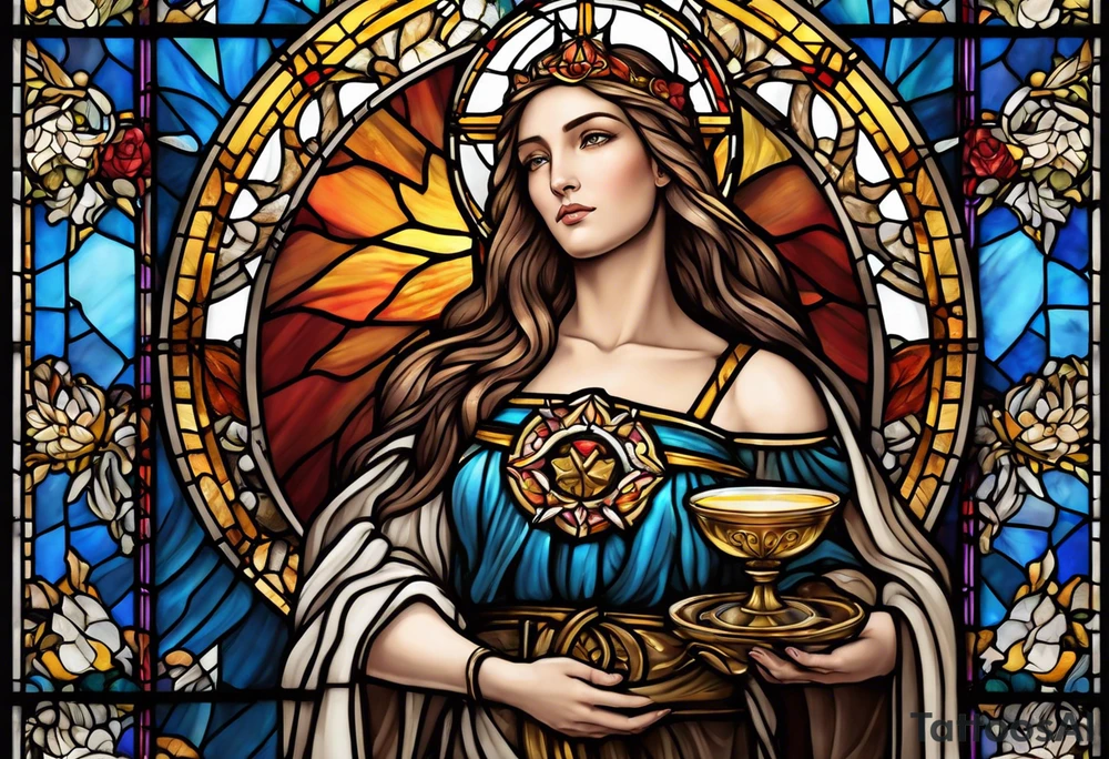 holy saint woman with halo stained glass holding a chalice with artillery tattoo idea