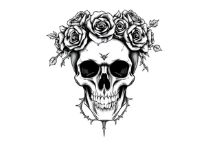 ornate skull adorned with crown of wild roses and thorns tattoo idea
