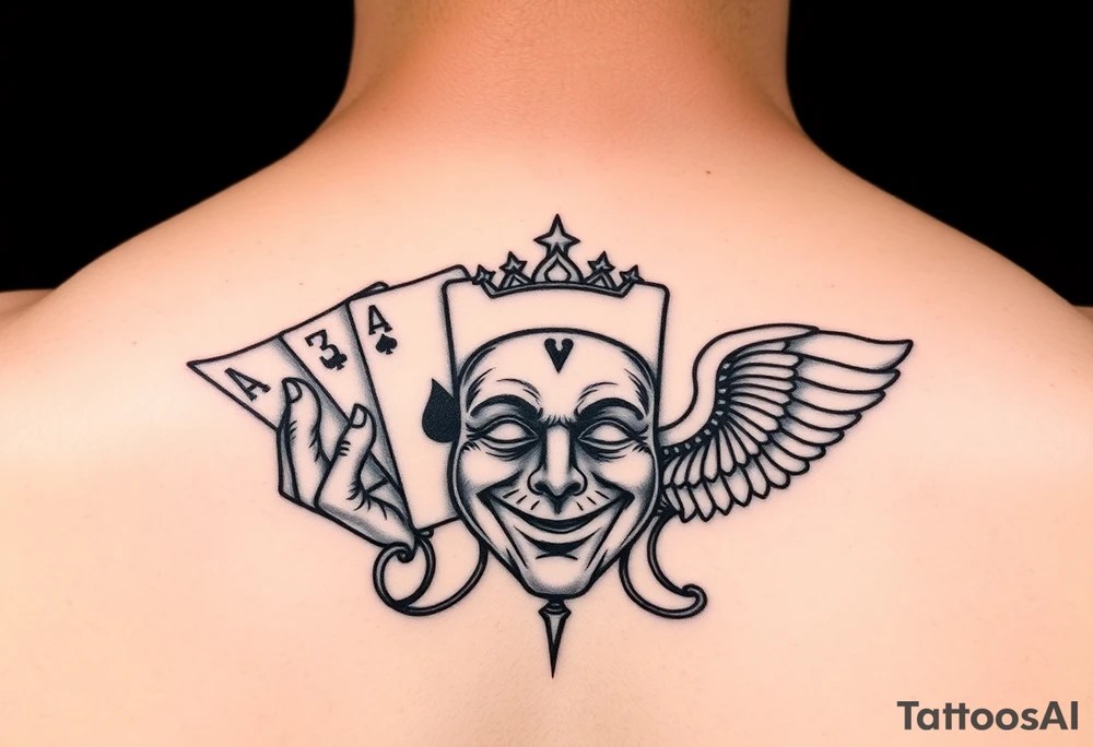 5 card hand,  Gemini twins, and a happy mask getting pulled off tattoo idea