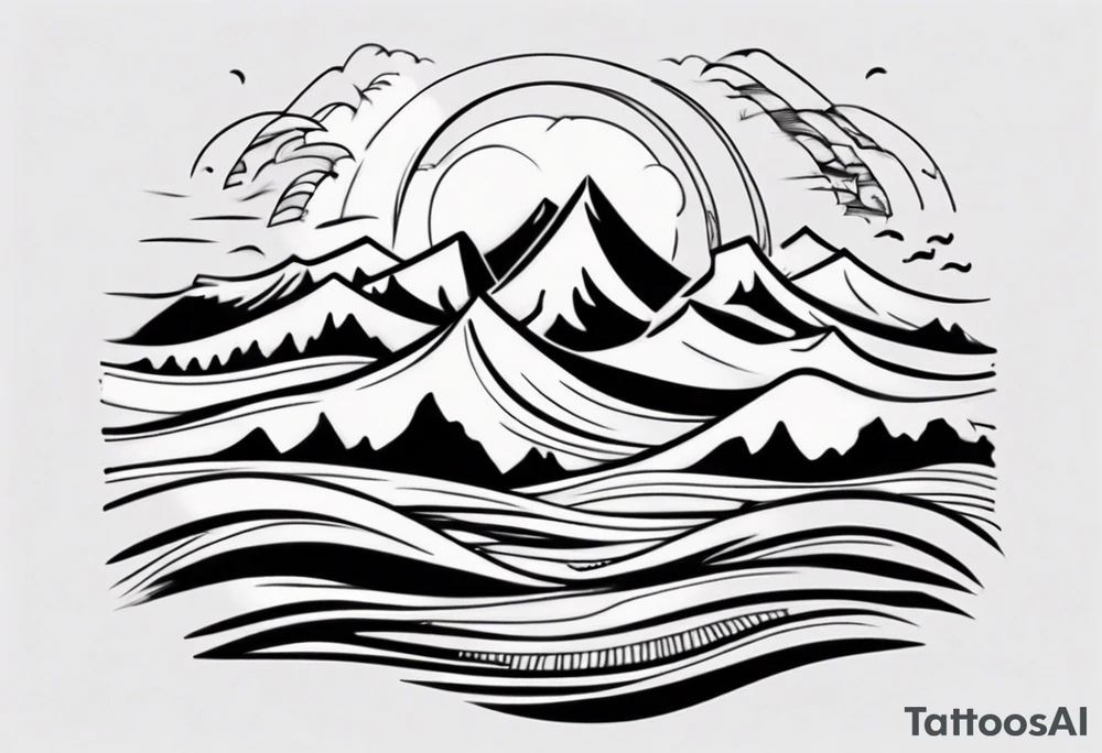 mountains, beach, waves, sun tattoo idea