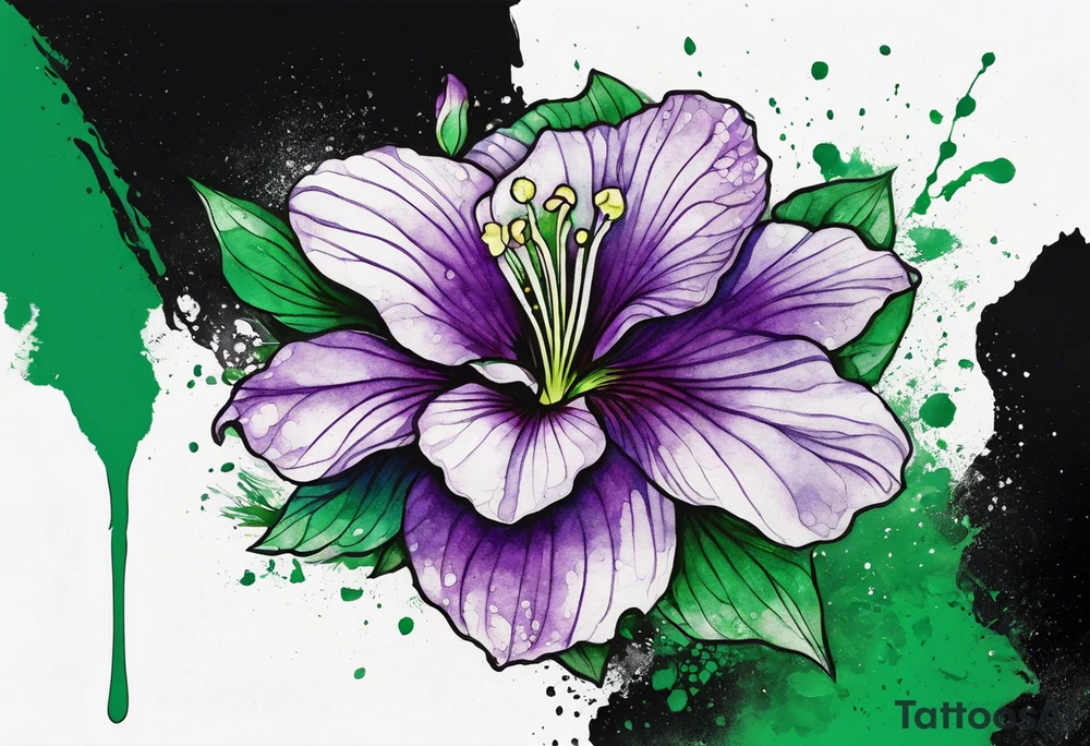 A mystical outline of a green and purple rio dipladenia flower and a green and purple watercolor splash in the background tattoo idea