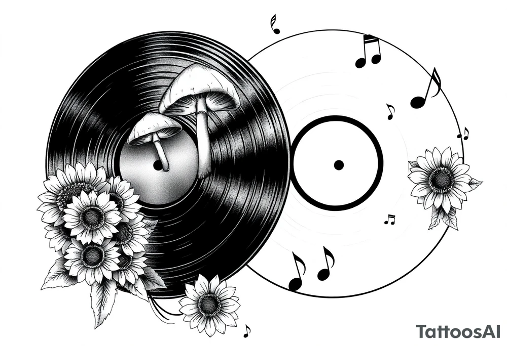 two overlapping vinyl records with mushrooms, sunflowers, and music notes tattoo idea