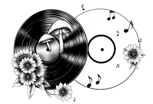 two overlapping vinyl records with mushrooms, sunflowers, and music notes tattoo idea