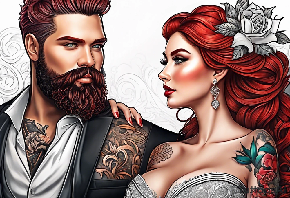 Busty red haired woman with a bearded man who has black hair getting married tattoo idea