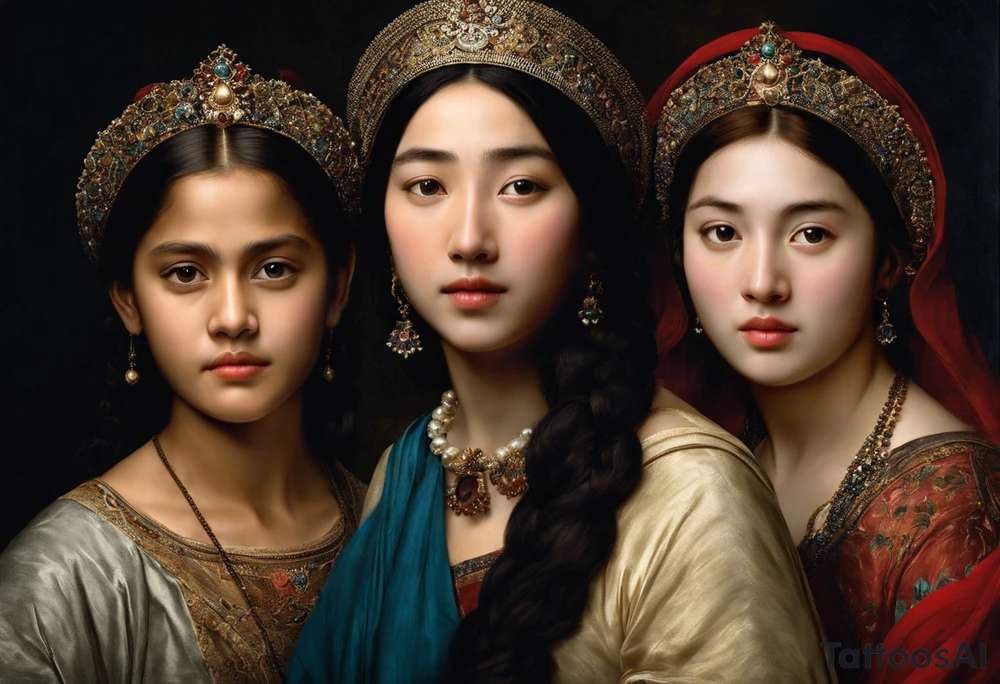 Three women's faces next to each other. The woman on the left is still a girl about 13 years old, the woman in the middle is about 40 years old and the one on the right is about 75 years old. The woman in the middle is looking at the bearer. The other two are looking at the woman in the middle. The tattoo is shaded on the chest of a man in black and white tattoo idea