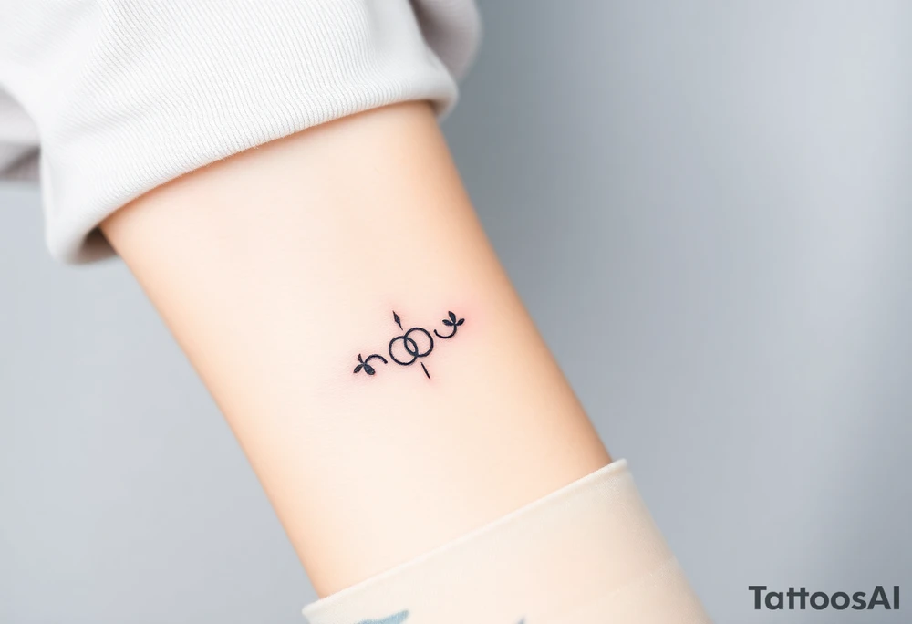 Design a very small (max 2x2 cm) tattoo for the inner wrist that subtly symbolizes lesbian identity. It should be minimal and delicate — possibly fine line or soft color. The design must be discreet yet meaningful, not instantly recognizable as LGBTQ but with layered symbolism. Think of subtle elements like intertwined female symbols, abstract sapphic references, or a hidden double meaning through nature (e.g. flowers, moons, triangles). Avoid clichés or bold pride imagery. Keep it elegant, wearable, and intimate. tattoo idea
