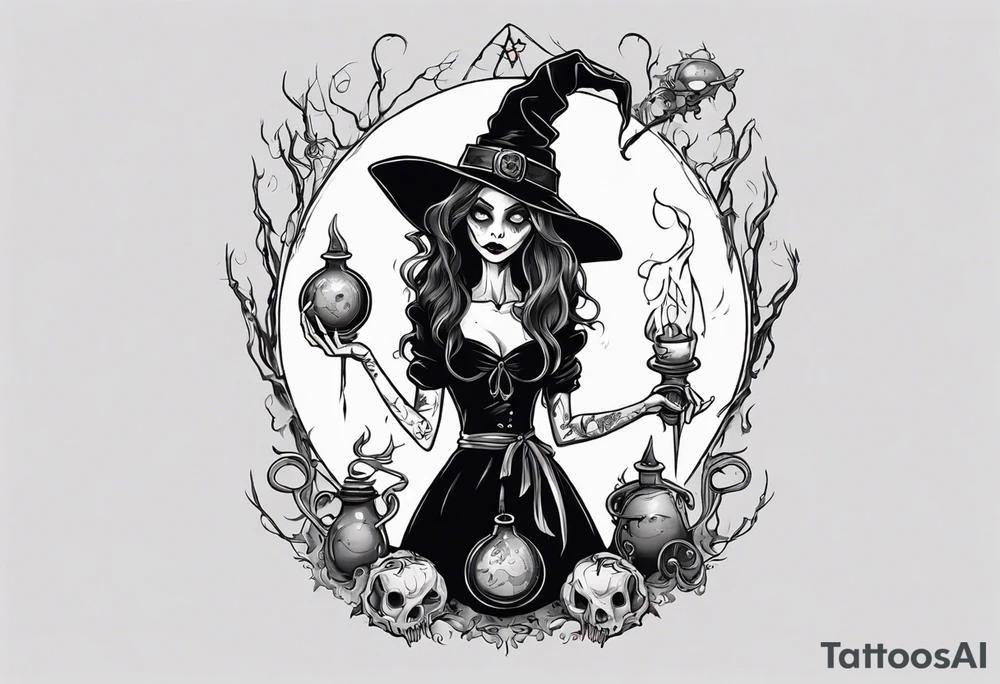 a Tim Burton-style witch necromancer tattoo idea