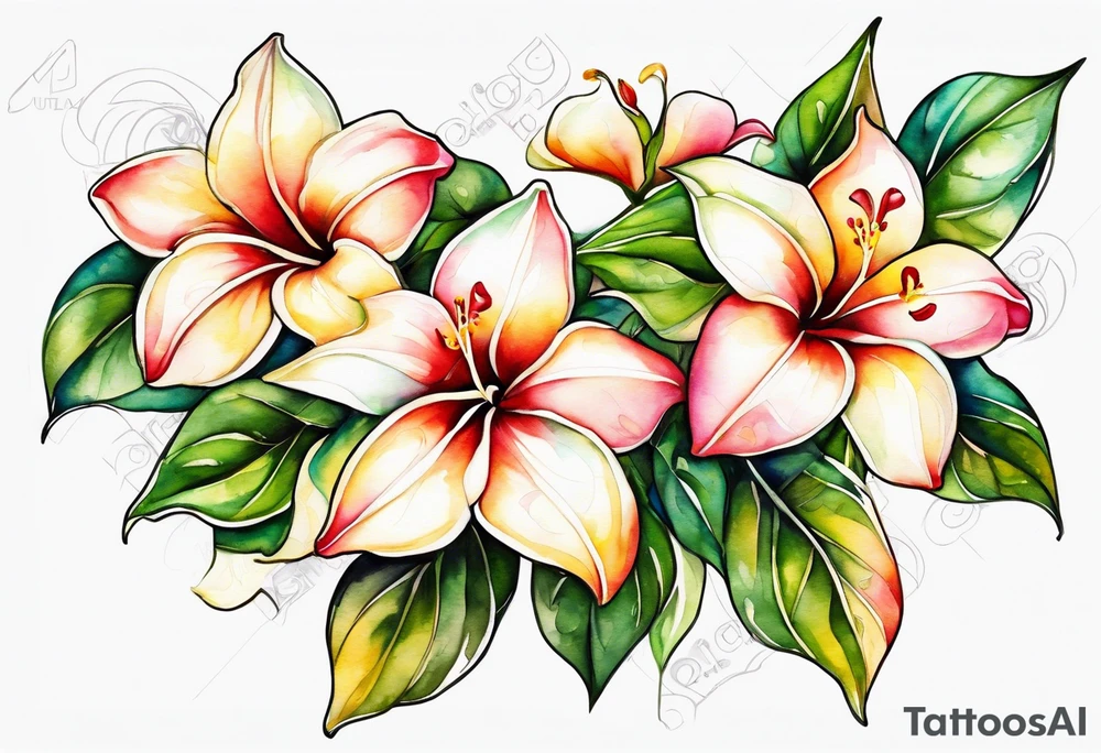 white background, abstract mandevilla flowers on a vine, part of it watercolor, part of it just line work tattoo idea