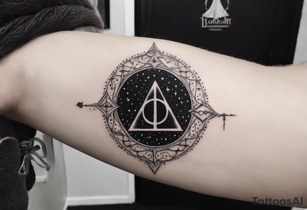 Lord of the rings and Harry Potter movie mashup. Small and simple. Not too much artistic detail. Hobbit door hole, wands, elvish writing, deathly hallows tattoo idea