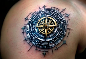 A geometric maze in metallic silver and deep blue tones, with a single golden compass in the center, representing the trials and choices of a Divergent. tattoo idea