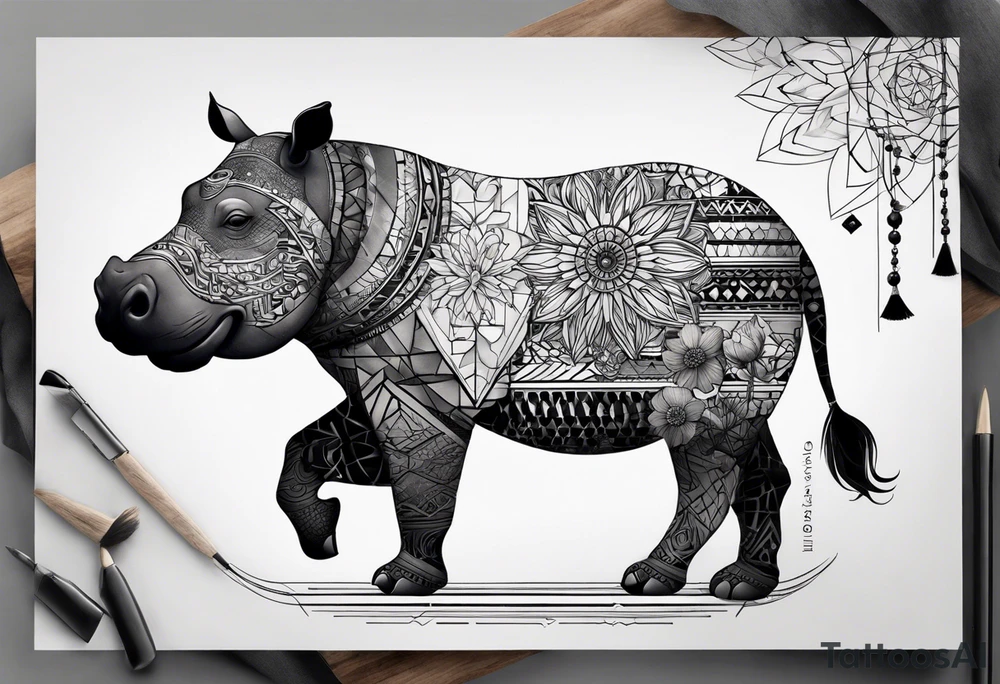 Very asymmetrical, +geometric pattern, with realistic full moon, with hippo at side look, +tribal, +geometric, +inkart , +blackwork, +grey scale, + sketch
with wintersweet flower bud, +inkart touch, +for men, detailed , combined favourite tattoo idea