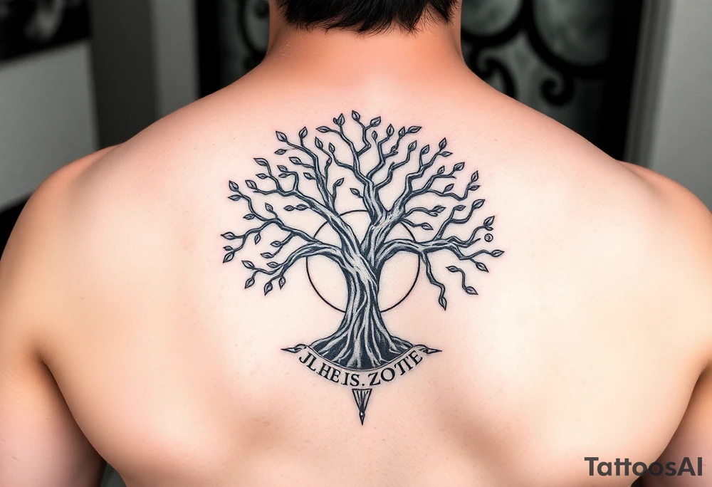 yggadrisl tree of life with circle of runes names Jai, Phoebe, Imogen, Matilda on four branches tattoo idea