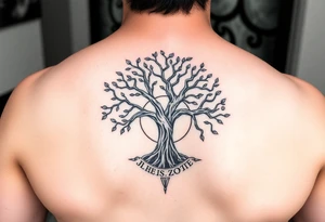 yggadrisl tree of life with circle of runes names Jai, Phoebe, Imogen, Matilda on four branches tattoo idea