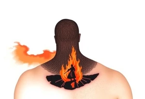 A silhouette of Jan Hus standing before a bonfire, with fiery orange and red shades blending into a deep blue sky. tattoo idea