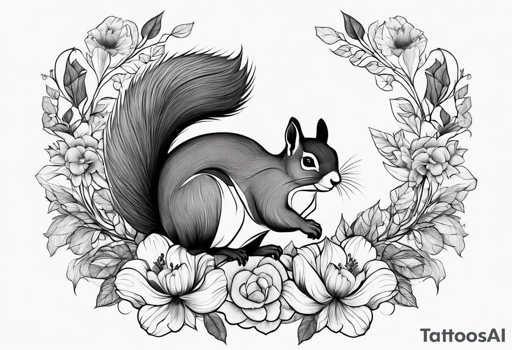 floral with small animals. Squirrels, birds tattoo idea