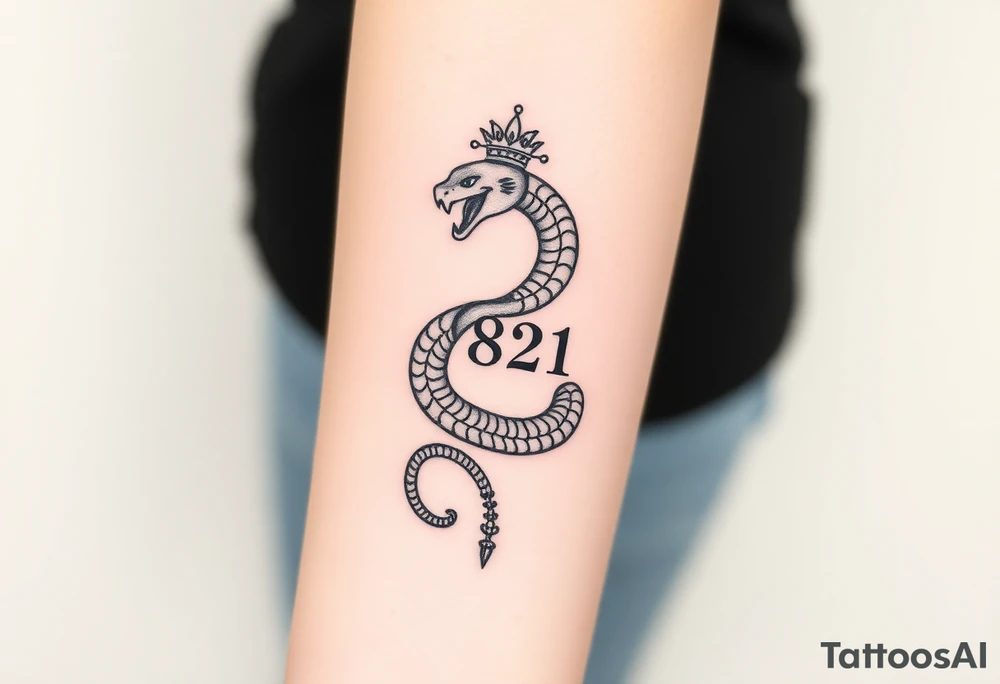 I want a small simple silhouette lines black and white wrist majestic royal snake tattoo that has number 12821 on its body along and also I want it to represent feminine energy crown queen Cycle tattoo idea