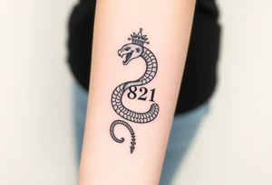 I want a small simple silhouette lines black and white wrist majestic royal snake tattoo that has number 12821 on its body along and also I want it to represent feminine energy crown queen Cycle tattoo idea