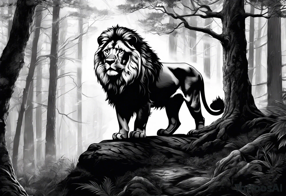 realistic black and gray  dark 
forest with a small lion walking into the forest with a spiritual component tattoo idea