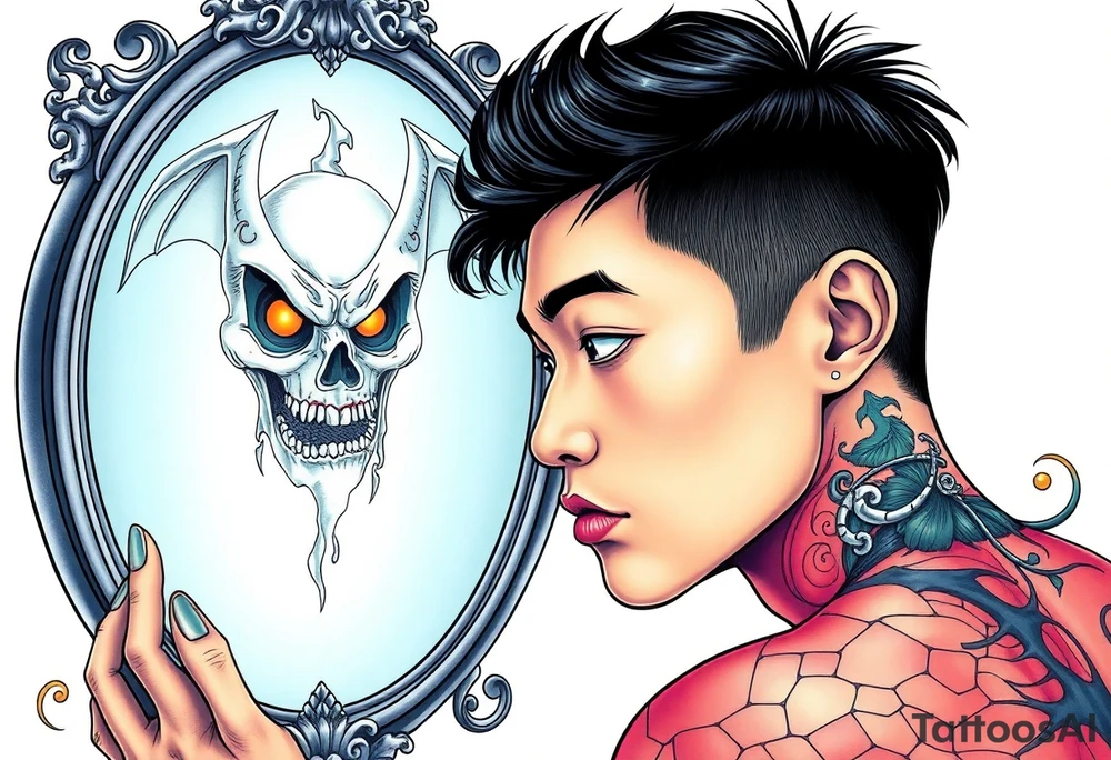 Handsome Asian young guy is looking in cursed mirror and see the evil tattoo idea