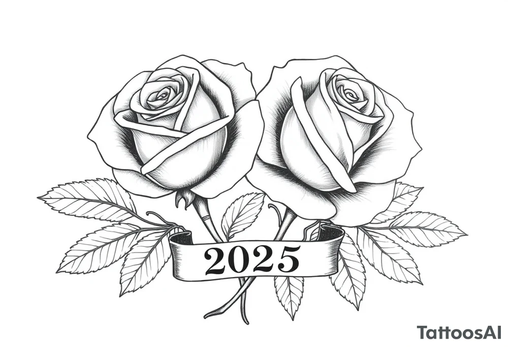 two beautiful large rose buds, one larger than the other, with lots and lots of leaves next to the rose buds, with one sitting slightly higher than the other, side-by-side.  Include a banner connecting the two roses with the year 2025 on it.   Use dark outlines with little shading. Remove all stems from the roses. tattoo idea