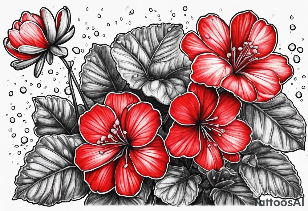 red geraniums with rain drops tattoo idea