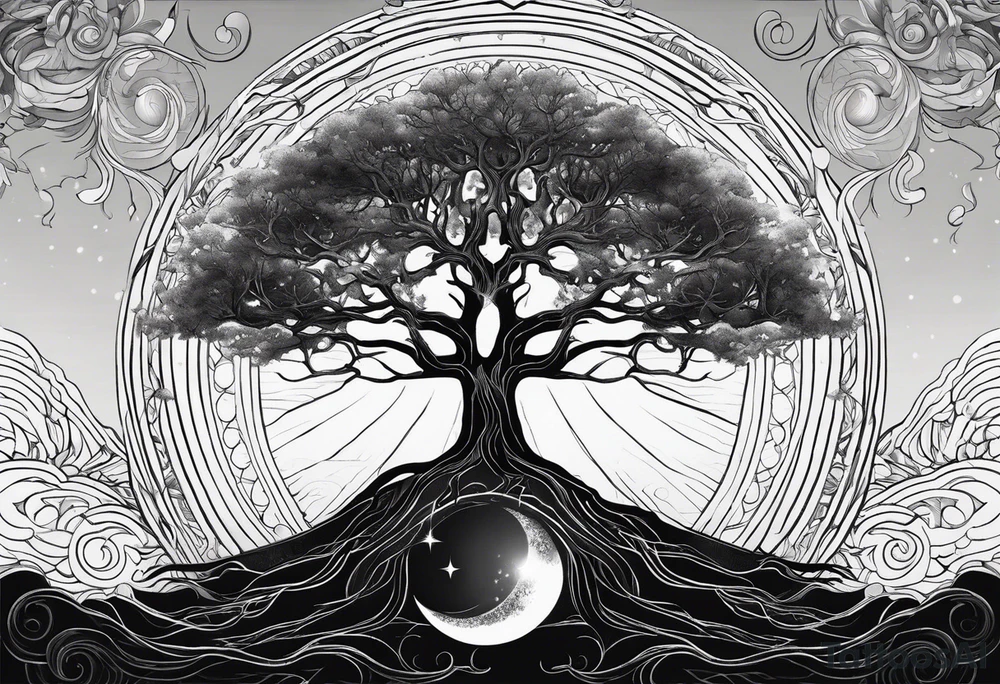 Tree with deep roots, the tree is holding the sun and the moon tattoo idea
