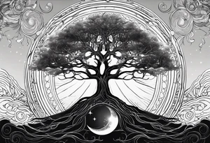 Tree with deep roots, the tree is holding the sun and the moon tattoo idea