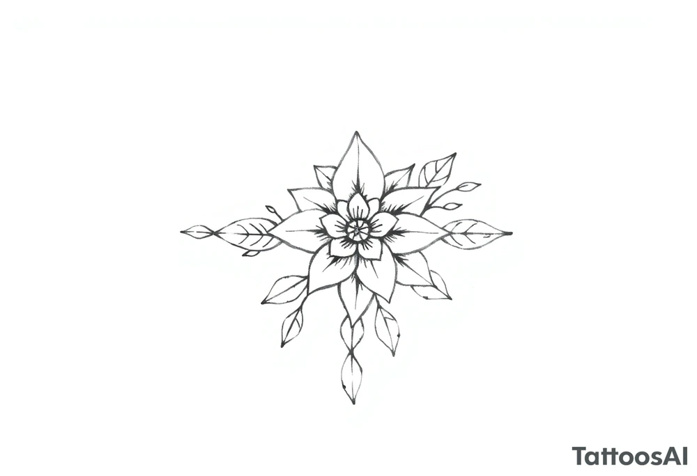 Raminho de folhas com flor de mandala tattoo idea
