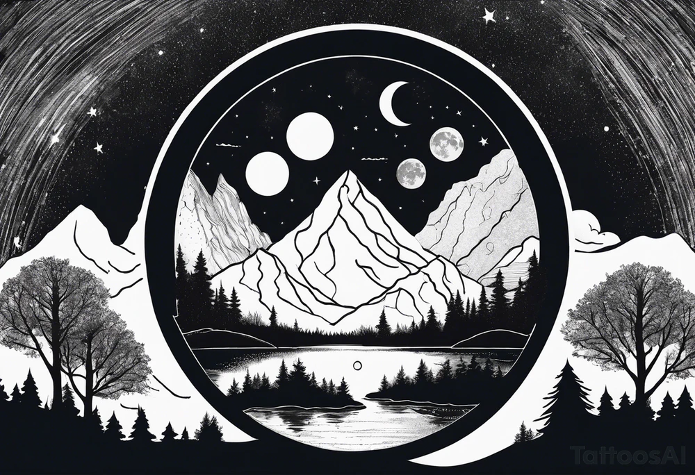 Picture of the moon phases in the sky, trees, lake, mountains and night sky in a circle with paint dripping tattoo idea