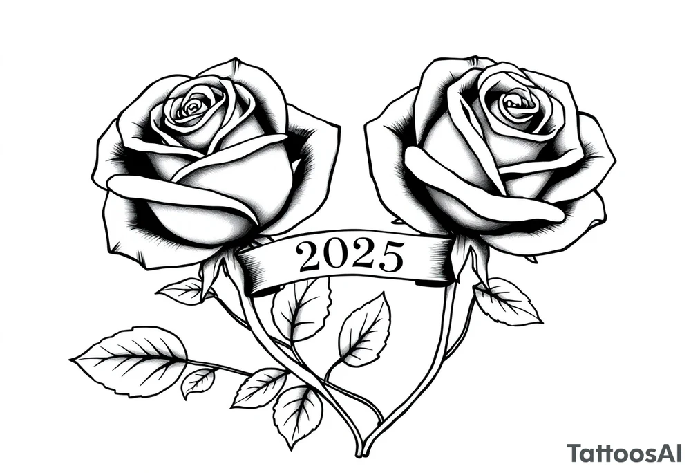 two beautiful large rose buds, one larger than the other, with many leaves next to the rose buds, with one sitting higher than the other. Include a banner connecting the two roses with the year "2025" on it.   Use dark outlines with little shading. The two stems should be short, not long, and connect and join into one stem, whimsically curved or twisted - not straight down. tattoo idea