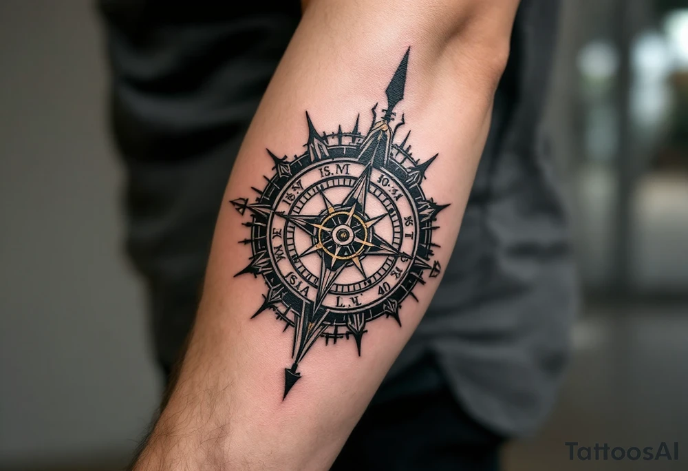 steampunk half compass/clock with a full-length arrow saying "Isaiah 40:31" tattoo idea