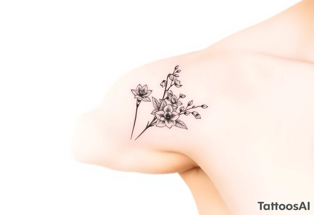 Feminine daffodils, Lily of the valley and larkspur bouquet tattoo idea